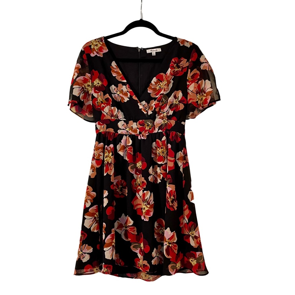 Madewell Tulip-Sleeve Mini Dress, Black Floral, Size 2